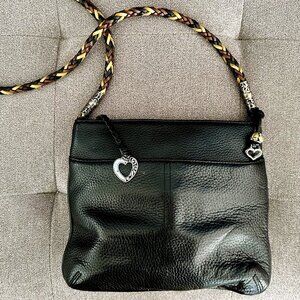 Black Genuine Leather Brighton Crossbody Bag Purse w/ Colorful Braided Strap